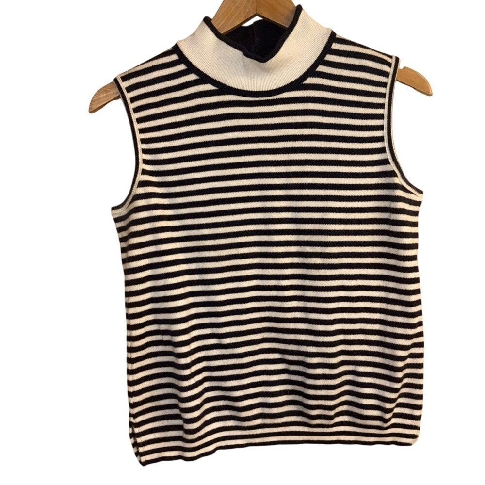Joan Vass USA Striped‎ Mock Neck Sleeveless Knit Top Preppy Chic